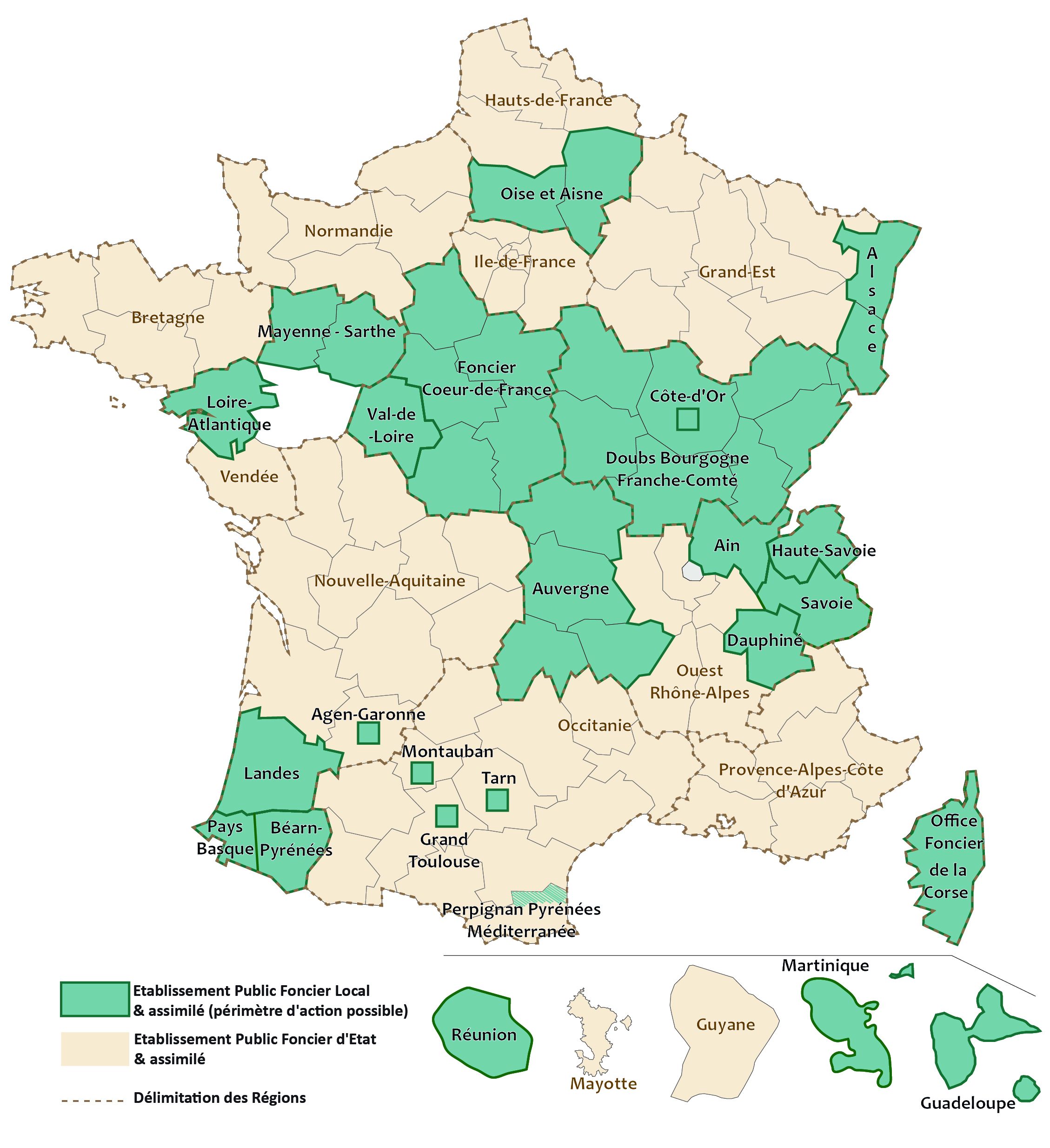Carte des périmètres d'action des EPF locaux en France métropolitaine et en outre-mer
